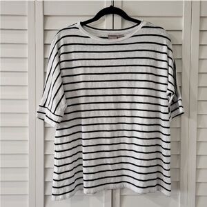 Chico's Black and White Striped Cotton Blend Dropped Shoulder Tee Size M